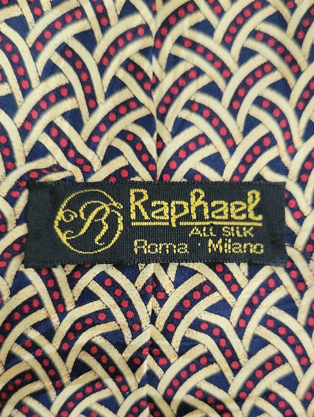 Vintage Raphael Silk Scarf in Cream Red Blue Woven Geometric Design
